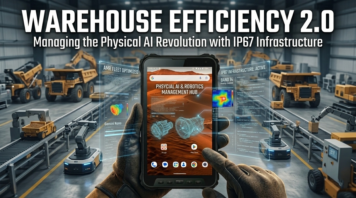 Industrial rugged tablet managing a fleet of AMR robots in a high-tech warehouse Robustes Industrie-Tablet zur Verwaltung einer Flotte von AMR-Robotern in einem High-Tech-Lager