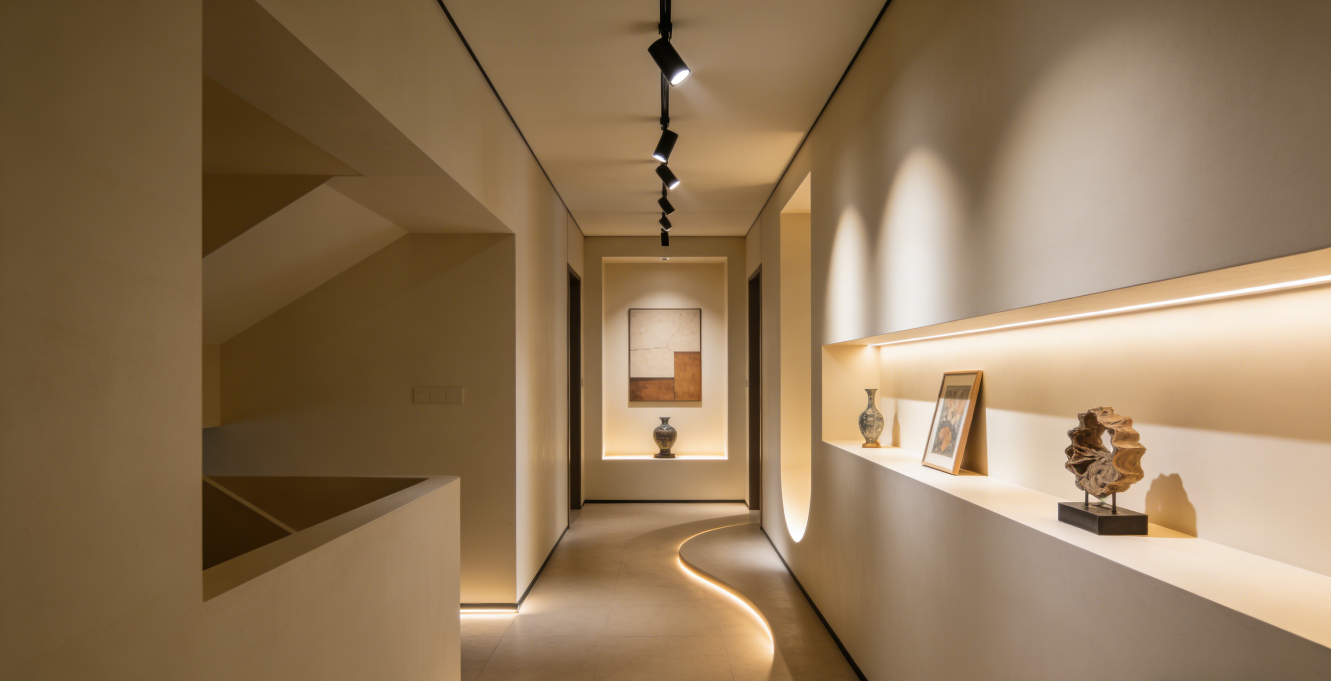 In corridors, if there are obstacles or recesses, track lights or adjustable lights are usually used. ਗਲਿਆਰਿਆਂ ਵਿੱਚ, ਜੇਕਰ ਰੁਕਾਵਟਾਂ ਜਾਂ ਰੁਕਾਵਟਾਂ ਹਨ, ਤਾਂ ਆਮ ਤੌਰ 'ਤੇ ਟਰੈਕ ਲਾਈਟਾਂ ਜਾਂ ਵਿਵਸਥਿਤ ਲਾਈਟਾਂ ਦੀ ਵਰਤੋਂ ਕੀਤੀ ਜਾਂਦੀ ਹੈ।