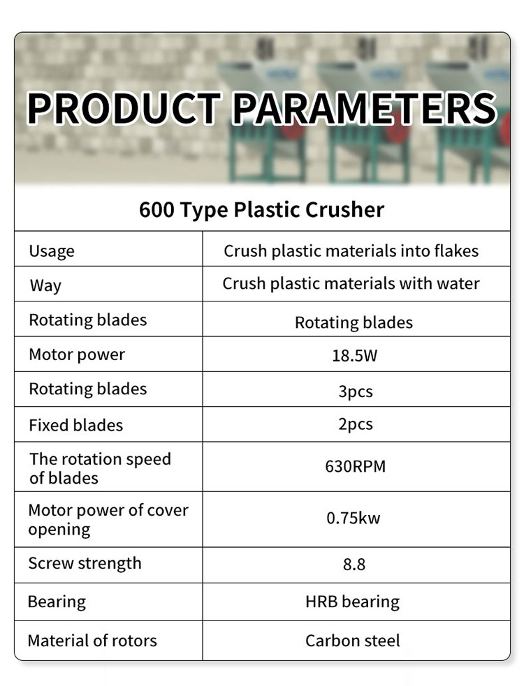 Parameters vir 600 Type Plactic Crusher Machine