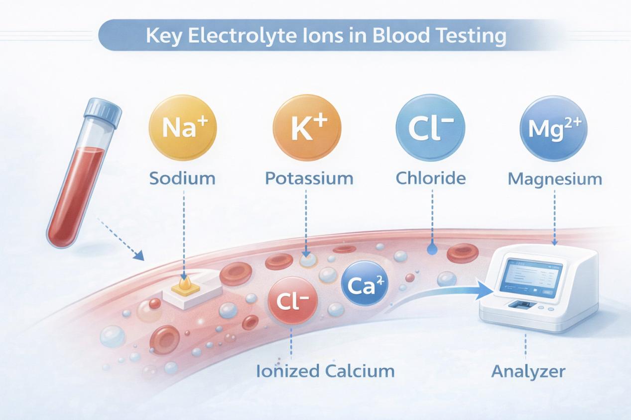 MECANMED Dry Electrolyte Analyzer Key Electrolyte Ions Infografiese lys van sleutelelektroliet-ione soos natrium en kalium wat in bloed getoets is, saam met 'n moderne droë elektroliet-ontledertoestel.