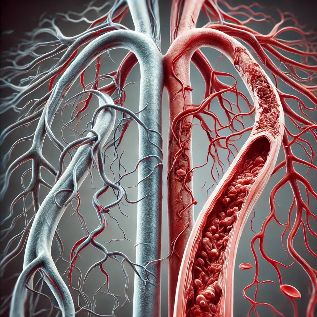 A detailed and realistic medical illustration of human blood vessels, showcasing both healthy arteries and arteries affected by arteriosclerosis. Detailní a realistická lékařská ilustrace lidských krevních cév, zobrazující zdravé tepny i tepny postižené arteriosklerózou.