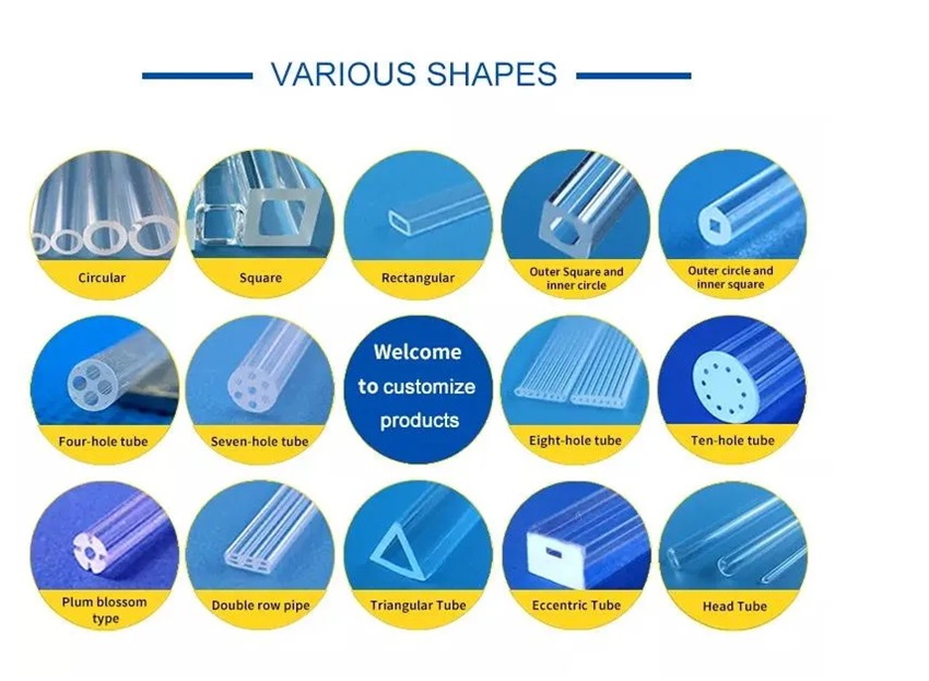 Various shapes quartz glass Vidrio de cuarzo de varias formas.