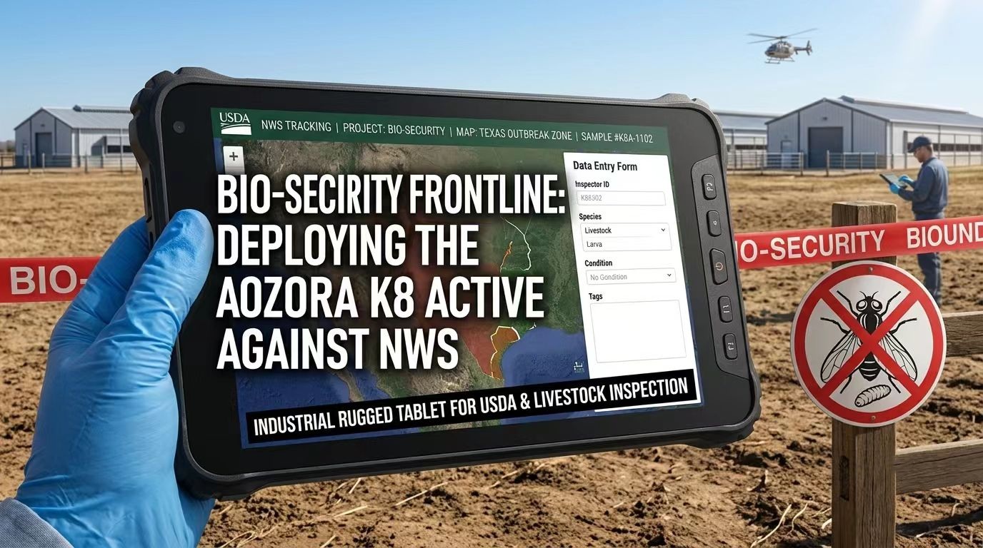 Industrial Verizon tablet syncing field bio-security data via 4G LTE network in remote agricultural zones. Tablet Industrial Verizon synchronizuje data biologického zabezpečení v terénu prostřednictvím sítě 4G LTE ve vzdálených zemědělských zónách.