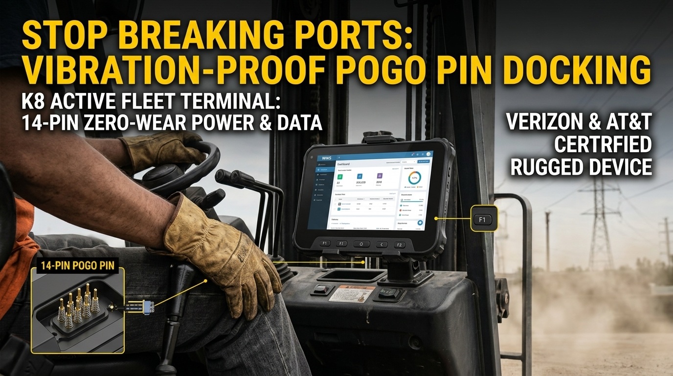 K8 Active rugged tablet with pogo pin dock mounted on a warehouse forklift dashboard جهاز لوحي متين K8 Active مع قاعدة تثبيت بوجو مثبتة على لوحة القيادة للرافعة الشوكية في المستودع