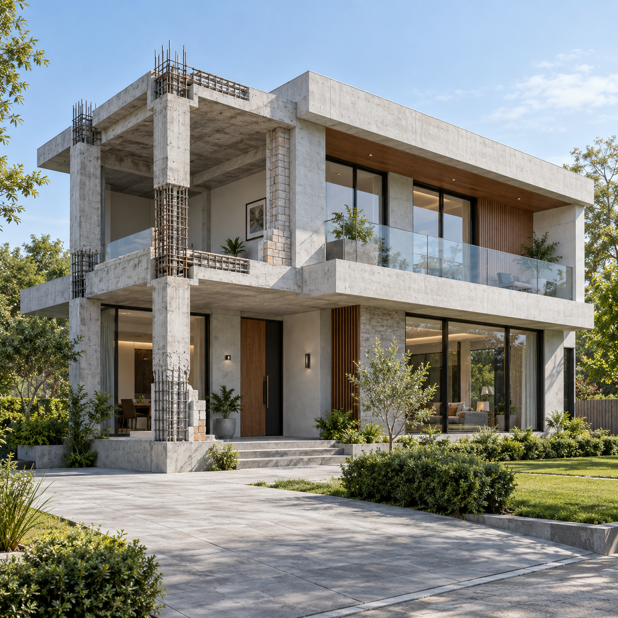 Reinforced Concrete Residential House خانه مدرن دو طبقه بتن آرمه که تیرهای ستون های بتنی و دال های کف را نشان می دهد