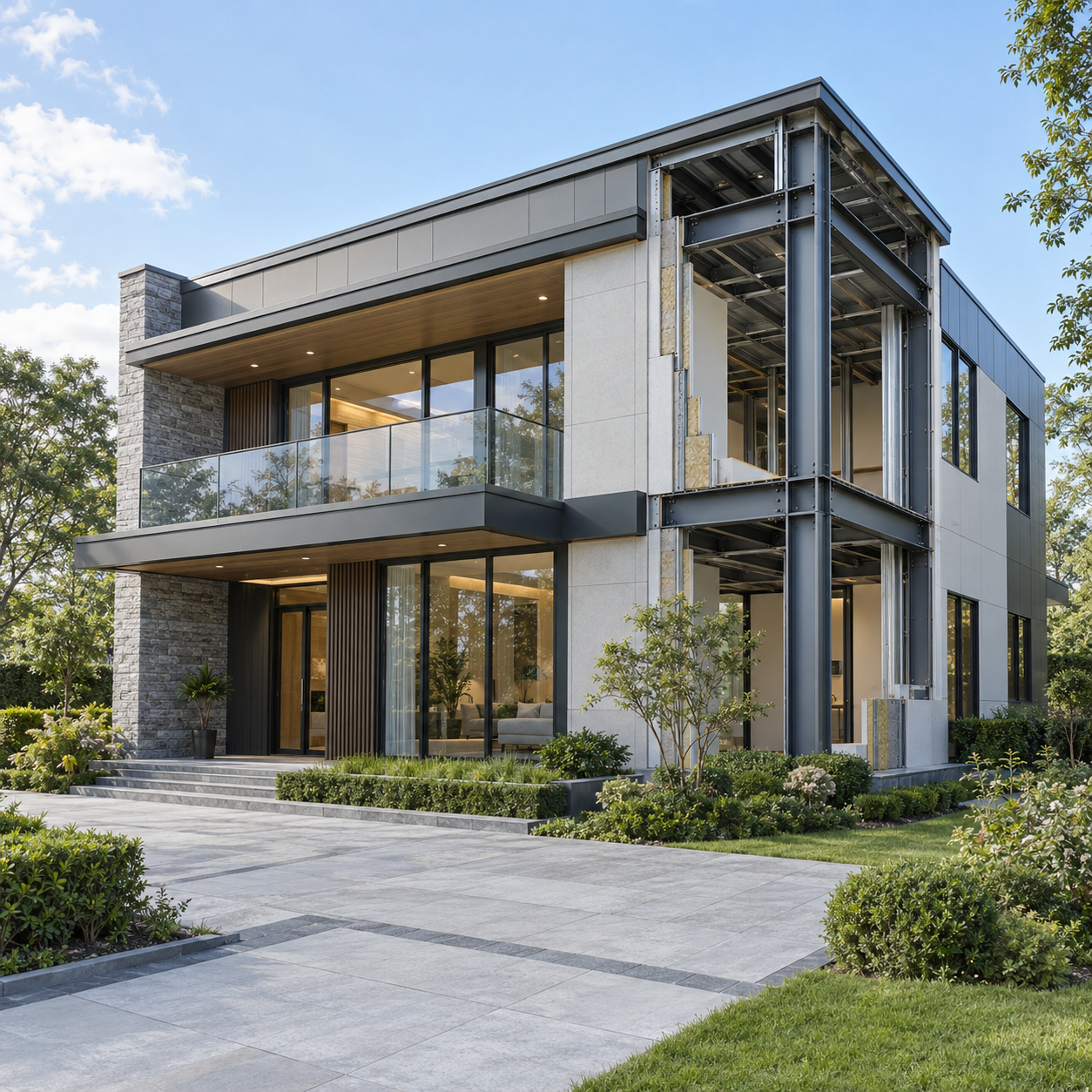Heavy Steel Residential House خانه مسکونی مدرن دو طبقه فولادی سنگین با قاب فولادی ساختاری در معرض دید