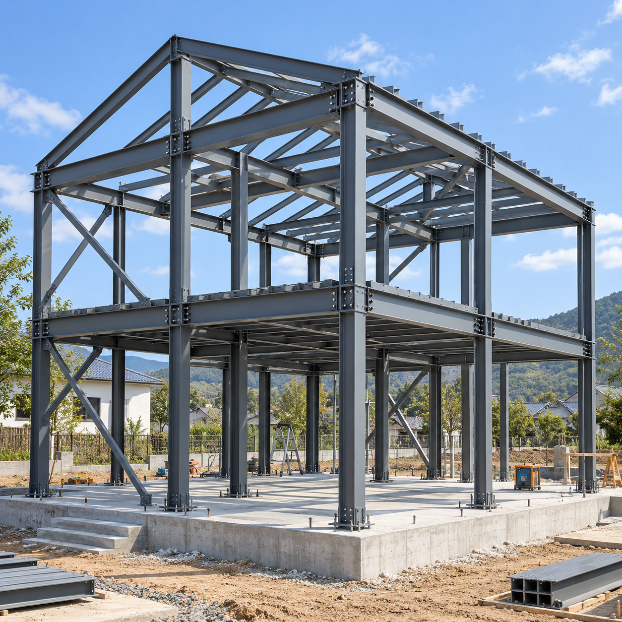 two-story-heavy-steel-house-frame Zweistöckiger schwerer Stahlhausrahmen mit H-förmigen Stahlsäulen, Trägern, Aussteifungen und Schraubverbindungen im Bau