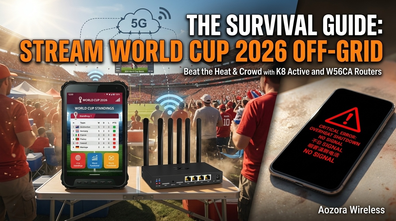 Aozora 5G CPE industrial cellular router mounted on a tailgate vehicle streaming live sports. Aozora 5G CPE industrieller Mobilfunkrouter, montiert auf einem Heckklappenfahrzeug, das Live-Sport überträgt.