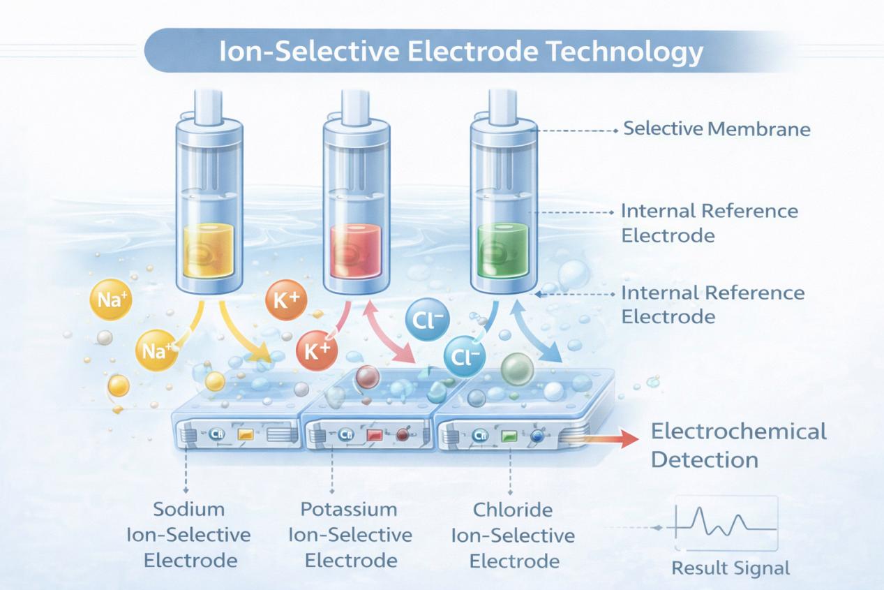 Diagram wat die werkbeginsel van die dro&euml; elektrolietanaliseerder verduidelik wat ioon-selektiewe elektrodetegnologie gebruik om natrium-, kalium- en chloriedione op te spoor.