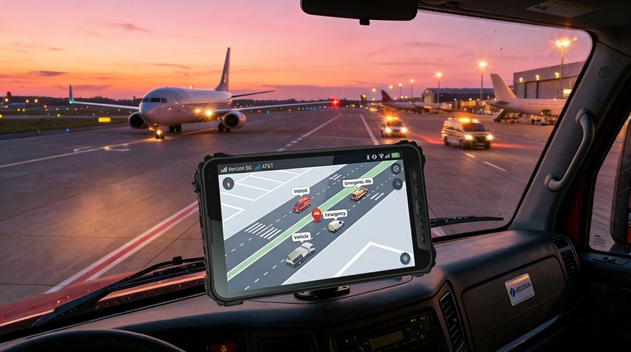 Tablette robuste mont&eacute;e dans le cockpit d'un camion de pompiers de l'a&eacute;roport