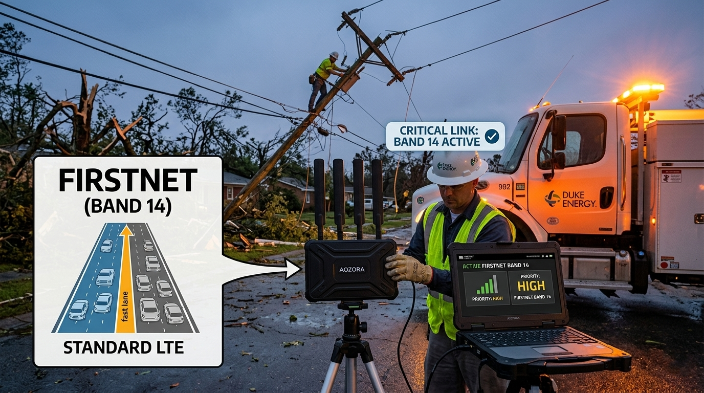 Crewmitglied von Duke Energy, das einen FirstNet-zertifizierten Router verwendet