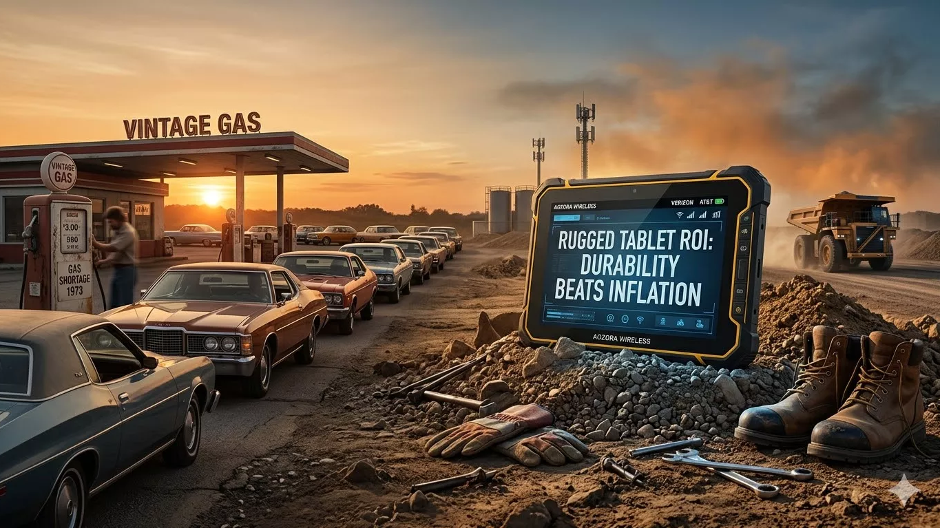 Heavy-duty rugged tablet used in a dusty mining site_1365_767 ほこりの多い採掘現場で使用される頑丈なタブレット_1365_767