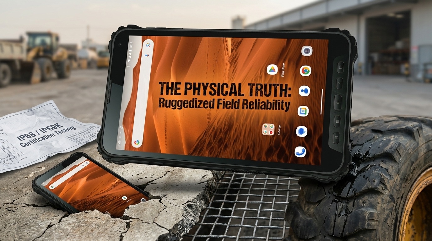 Aozora K8 industrial rugged tablet submerged in mud, screen active Aozora K8 産業用頑丈なタブレットが泥に沈み、画面がアクティブになりました