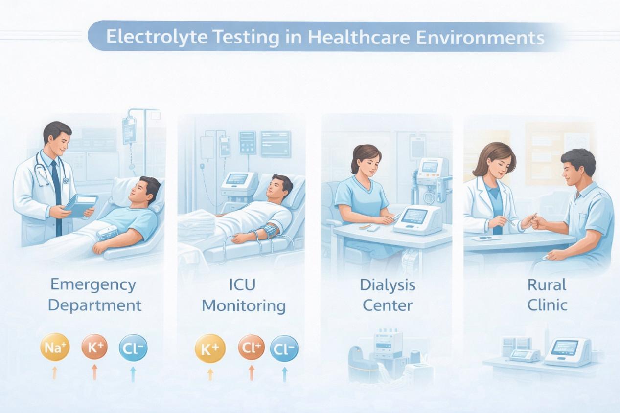 Infografika wat elektroliettoetsing vir sleutelione in vier kritieke gesondheidsorginstellings illustreer: noodafdeling, ICU, dialisesentrum en landelike kliniek.