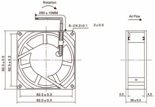 Disegno della ventola interamente in metallo da 92x38 mm