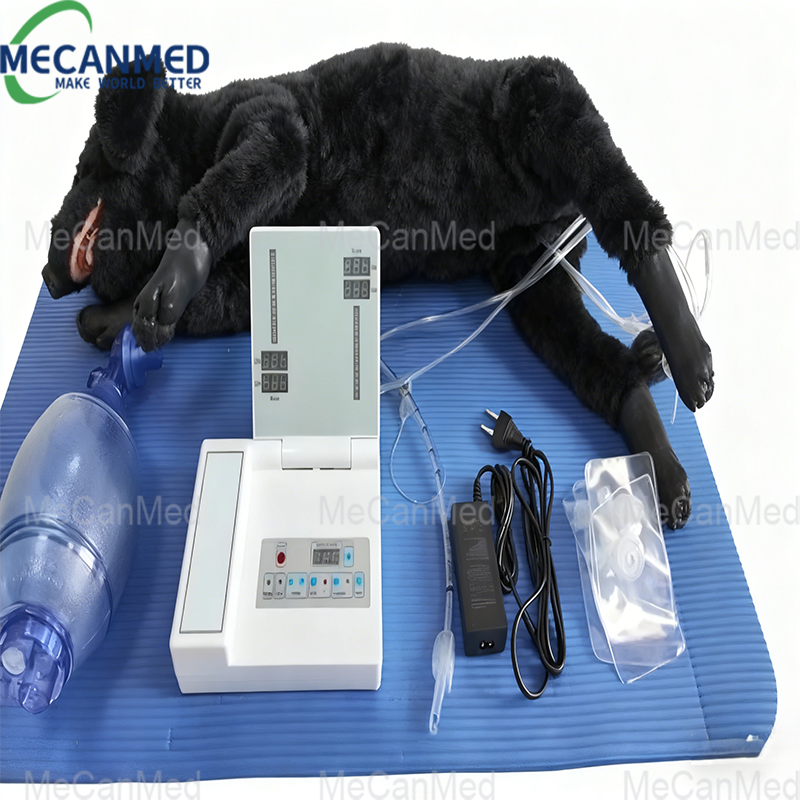 응급 동물 구조 연습을 위한 패드 위의 시뮬레이션 개, 제어 장치, 튜브 및 부속품을 포함하여 MECANMED 개 심폐 소생 훈련 설정을 완료합니다.