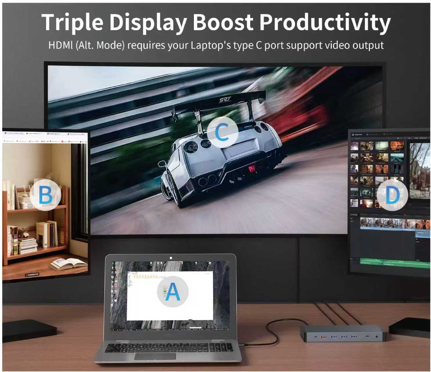 通過連接筆記本電腦、顯示器、鍵盤和以太網的 14 合 1 Thunderbolt 4 塢站實現整潔的工作站設置