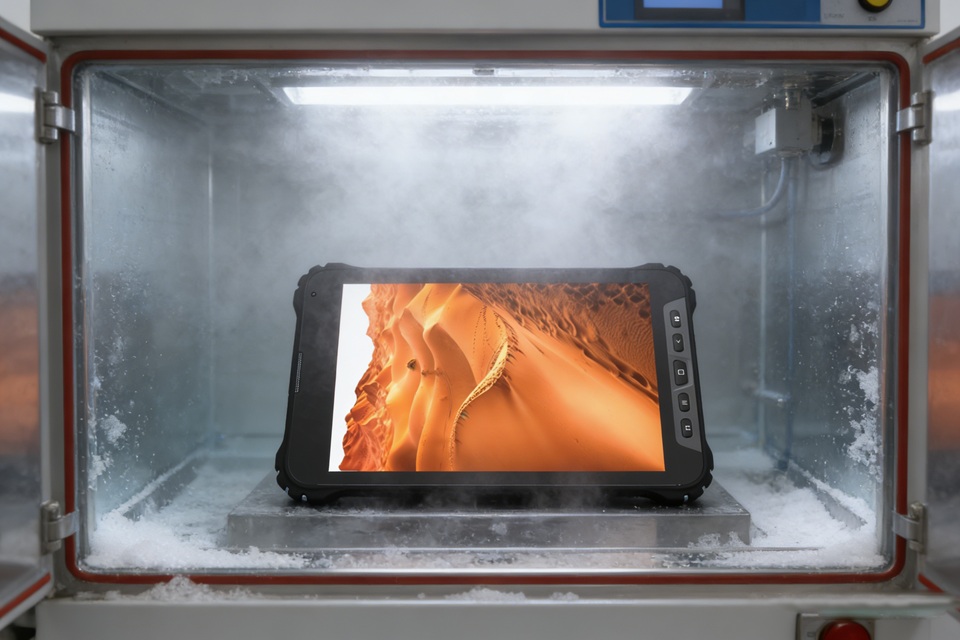 Tablet robusto professionale in camera per test di corrosione in nebbia salina.