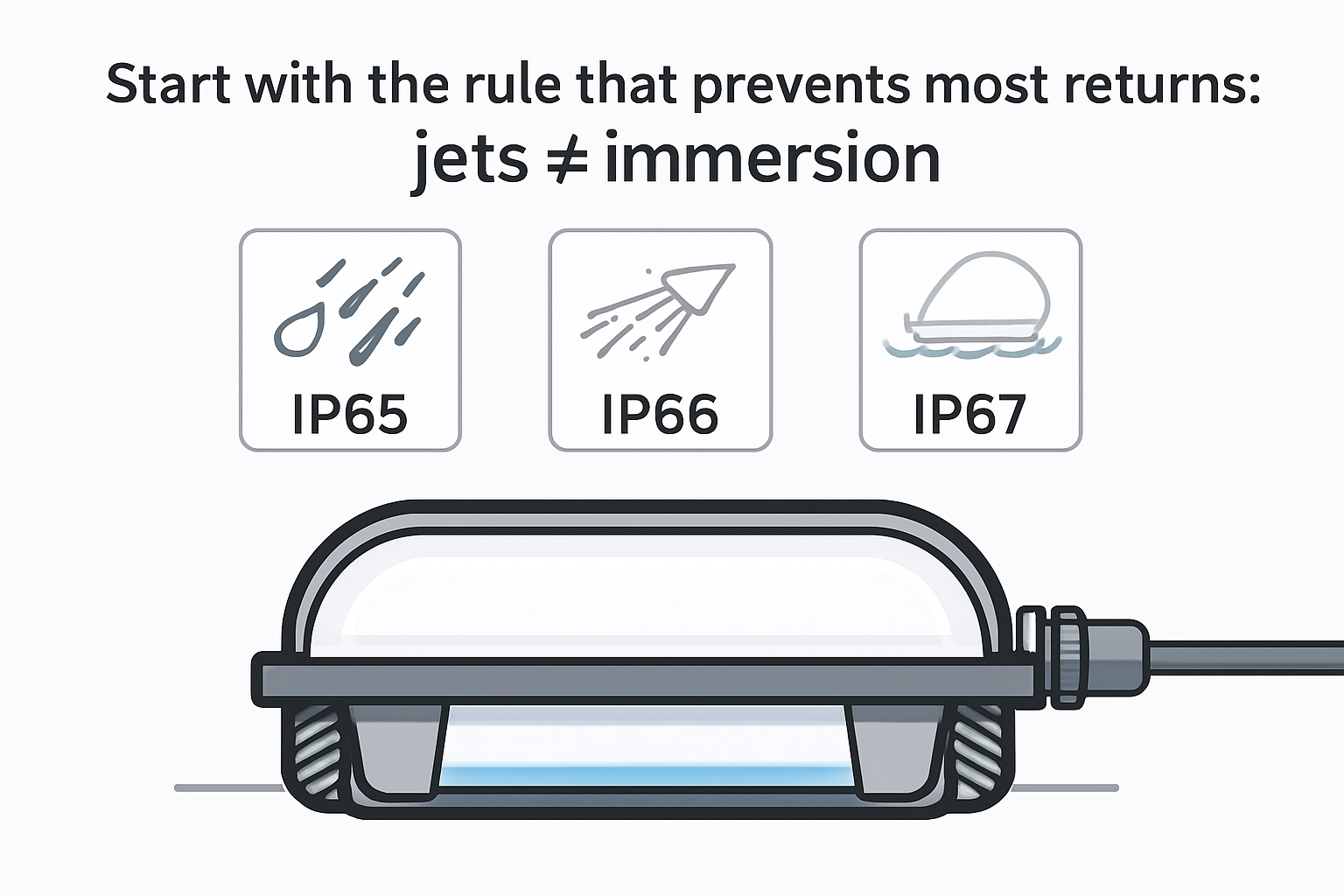 Ilustrasi membandingkan jenis pendedahan air untuk IP65, IP66 dan IP67 di sekeliling lampu kolam tertutup