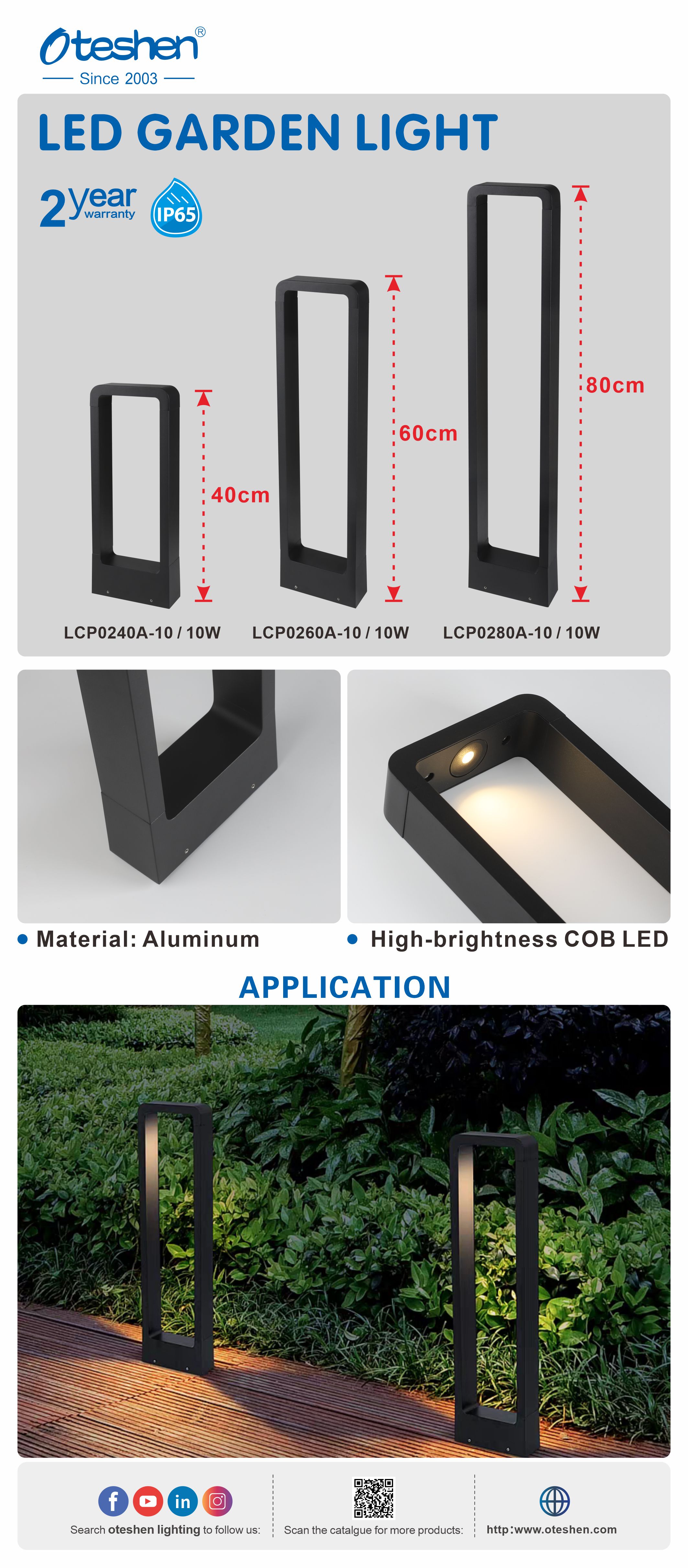 Oteshen LCP0240A LCP0260A LCP0280A 10W IP65 słupek ogrodowy LED z pustą ramą, aluminiowa lampa słupkowa o wysokości 40/60/80cm do oświetlenia chodnika na dziedzińcu willi