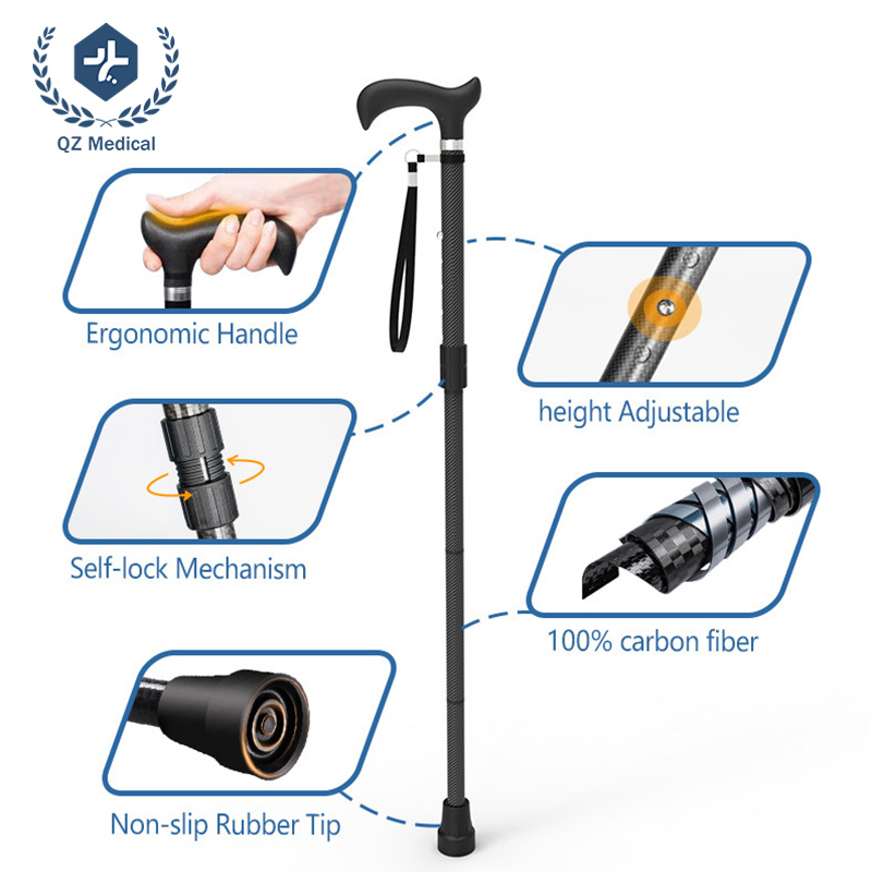 Bast&oacute;n para caminar QZ Medical 100 por ciento de fibra de carbono con mango ergon&oacute;mico y mecanismo de bloqueo autom&aacute;tico