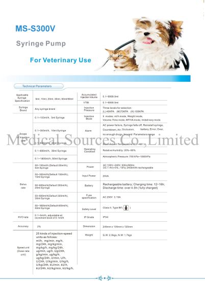 (MS-S300V) Veterinaria / Médico / Hospital / Clínica / Bomba de jeringa Animal Inyección portátil