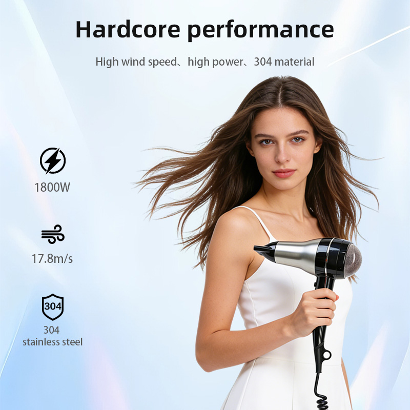Secador de pelo de pared para hotel de 1800 W con alta velocidad del viento y construcci&oacute;n de acero inoxidable 304.