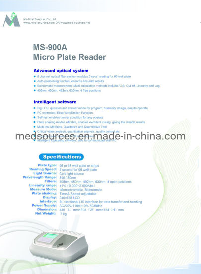 (MS-900A) Hospital Clínica Laboratorio Elisa Analizador Microplaca Elisa Reader