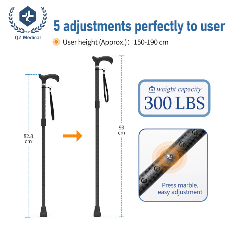 5 ajustes de altura de 82,8 cm a 93 cm y capacidad de peso de 300 LBS en bast&oacute;n de fibra de carbono
