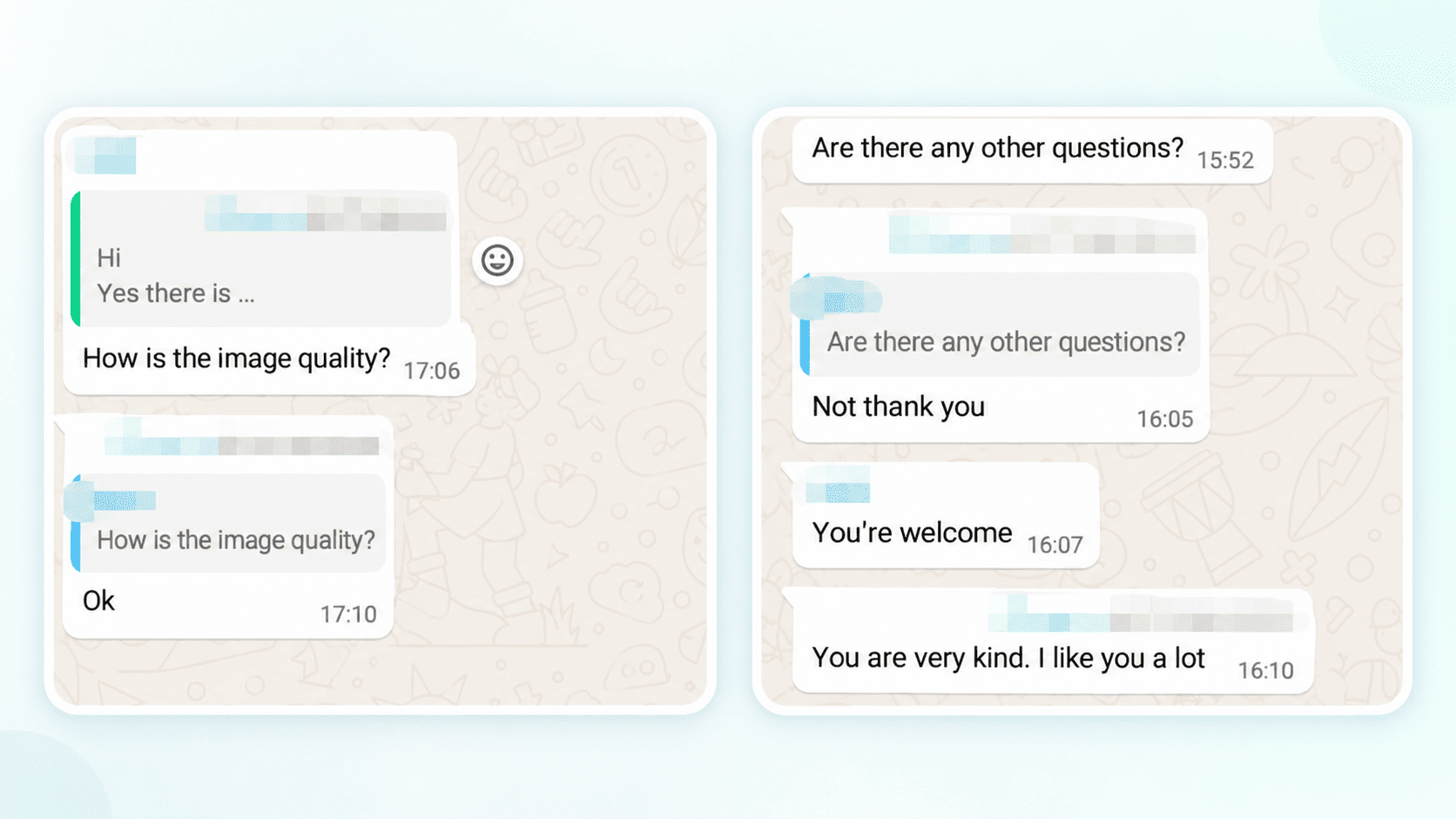Скрыншоты WhatsApp, якія паказваюць пацверджанне кліента аб адноўленай якасці рэнтгенаўскага малюнка DR і паспяховым аднаўленні сістэмы.