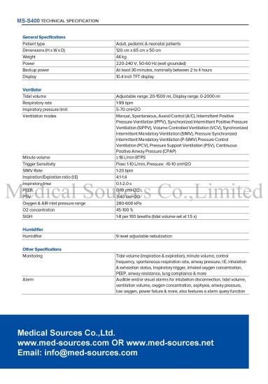 (MS-S400) Sistema de ventilación neonatal Máquina CPAP médica Ventilador para bebés Ventilador de hospital