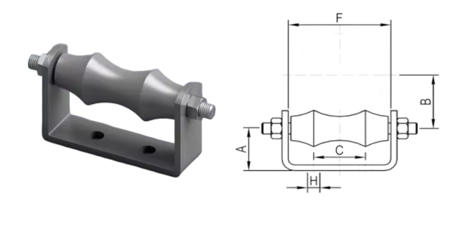 Zweiloch-Basis-Rohrrollenhalter mit Ma&szlig;angaben f&uuml;r HVAC-Rohrleitungen