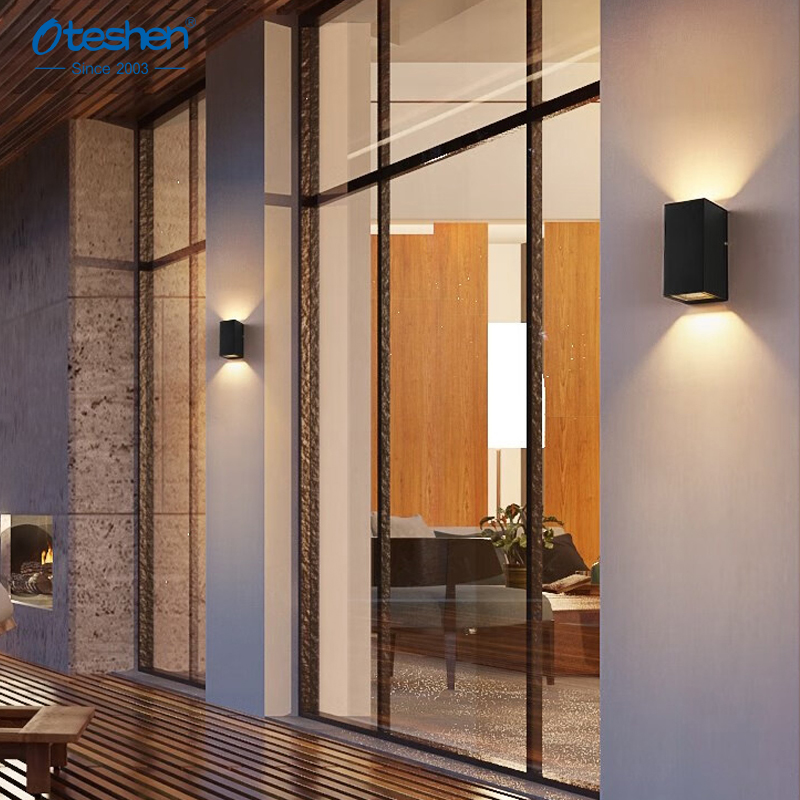 Oteshen TS127-reeks IP65 waterdigte GU10-buitemuurlig, silinder en vierkantige kort lang aluminium buitemuurskons, swart wit behuising vir villa tuinstoep ingang buitebeligting