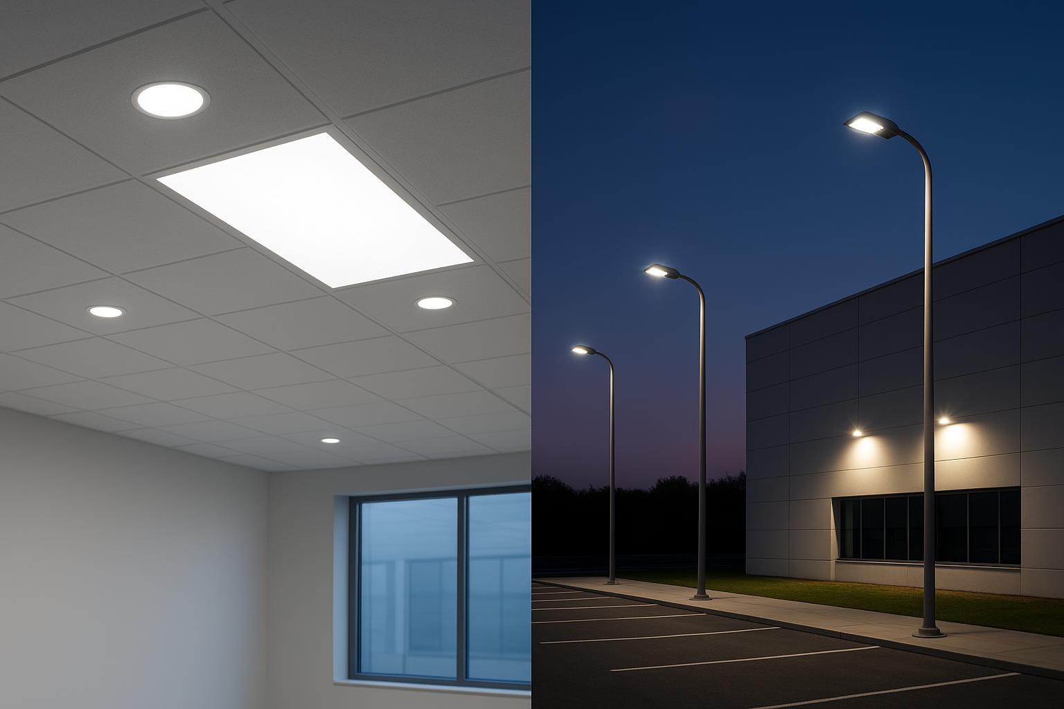 Paparan pameran perdagangan fotorealistik produk pencahayaan LED dalaman: lampu bawah/lampu sorot, lekapan linear dan lampu panel